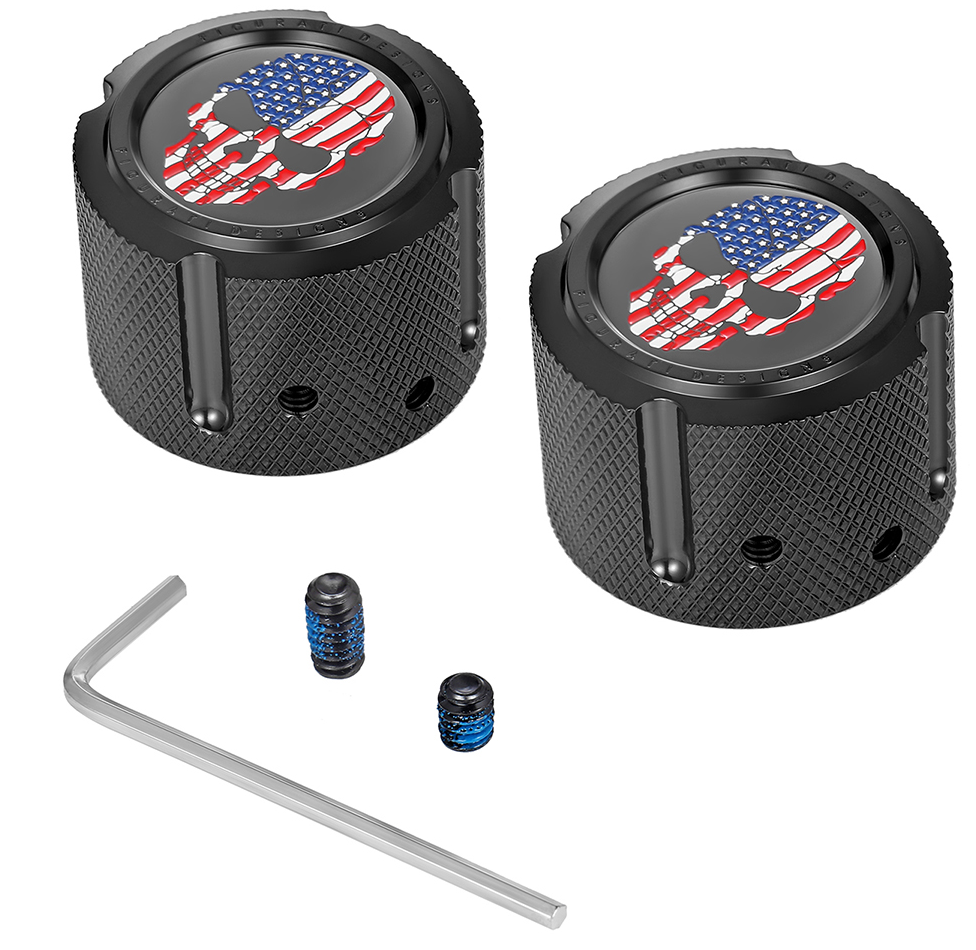 Figurati Designs Skull Flag Front Axle Nut Black Covers for 2002-2022 Harley