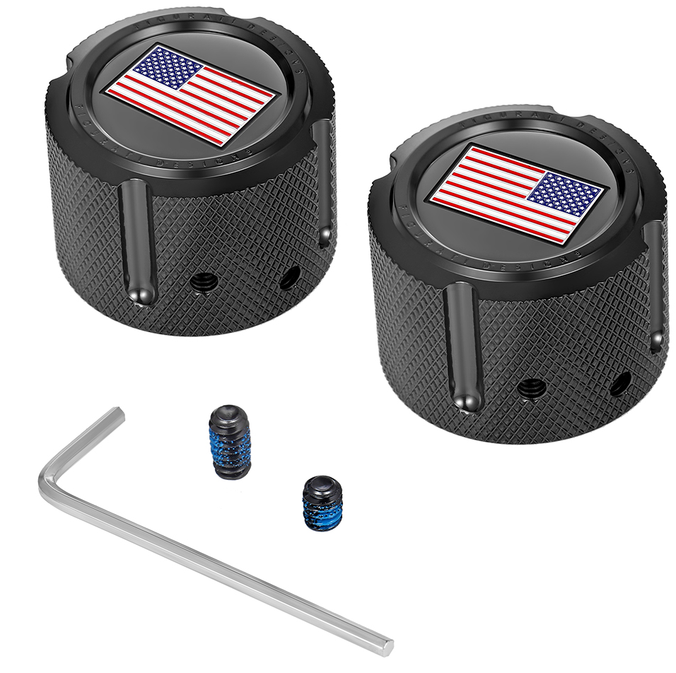 Figurati Designs American Flag Front Axle Nut Black Covers for 2002-2022 Harley