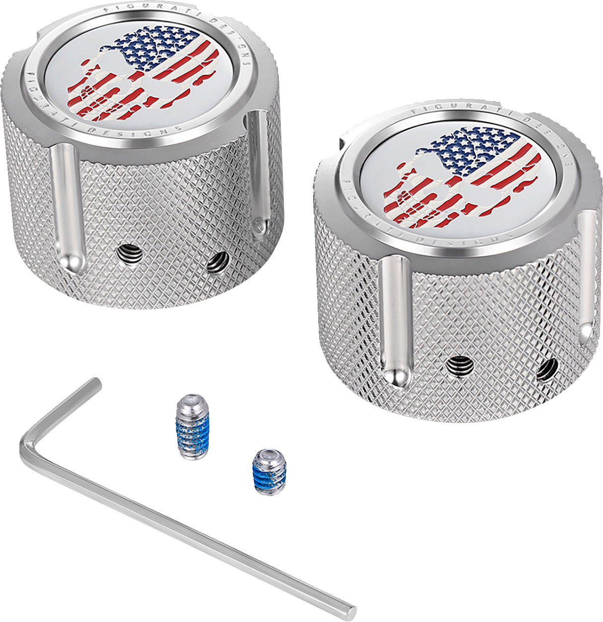 Figurati Designs Skull Flag Front Axle Nut Chrome Covers for 2002-2022 Harley