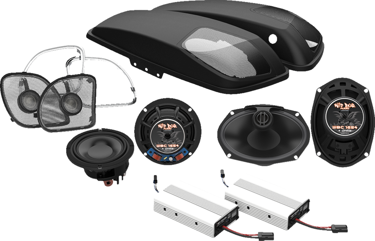 Wild Boar Front & Rear Saddlebag Lid Speaker Amp Kit 2015-2022 Harley Road Glide