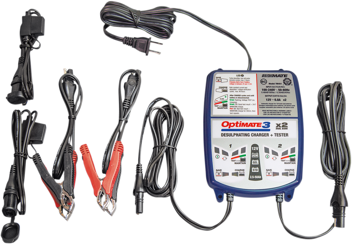 Tecmate TM-451 Optimate 3  Blue White Universal Motorcycle Dual Battery Charger
